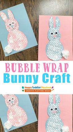 three bunny crafts made out of paper with the words bubble wrap and bunny craft on them