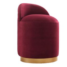 a red velvet chair with gold trim around the armrests and foot rests on a white background