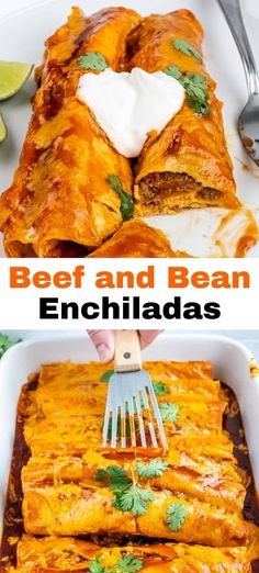 beef and bean enchiladas in a white casserole dish