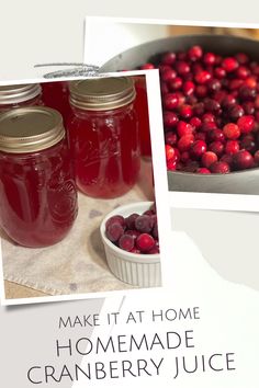 some cranberry juice is in jars and on the table