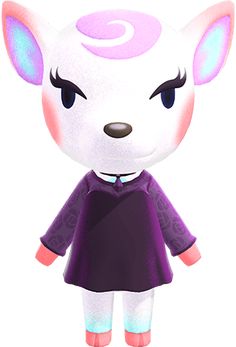 an animal with pink ears is standing in front of a white background and wearing a purple dress