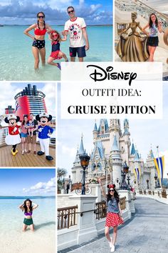 the disney cruise is featured in this collage with images of people posing for pictures