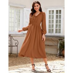 Elevate your evening with the KOJOOIN Women's Pleated Party Dress, a masterpiece of elegance and comfort. This long-sleeve V-neck dress is meticulously designed with a pleated empire waist and delicate ruffle trim, creating a flattering silhouette for any special occasion.

- Material: High-quality 100% Polyester
- Features: Pleated design, elastic empire waist, mock V-neck with ruffle trim, puff long sleeves
- Color: Available in various solid colors
- Gender: Female
- Suitable for: Wedding gue Long Sleeve Fall Dress Wedding Guest, Cinnamon Dress, Wedding Guest Cocktail Dress, Long Sleeve Dresses Fall, Pleated Party Dress, Family Photoshoots, Empire Waist Maxi Dress, Fall Wedding Guest Dress, Party Dress Long Sleeve