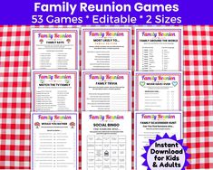 53 Fun Family Reunion Games for kids and adults as icebreaker games and entertainment for your next family reunion party. Get your whole family talking and having fun together with reunion party games such as Most Likely To, Family Trivia, Scavenger Hunts, Social Bingo, What's on Your Phone, Charades, Guess My Word and more.  Great conversation starters and dinner questions to keep the conversation flowing throughout the reunion too. Plus 10 reunion activities & games for kids to play on their o Adult Party Games For Large Groups Family Reunions, Family Reunion Relay Games, Get To Know You Games For Family Reunion, Family Reunion History Games, Pass The Gift Game Family Reunion, Charades Words, Reunion Activities, Family Reunion Ideas, Activity Games For Kids