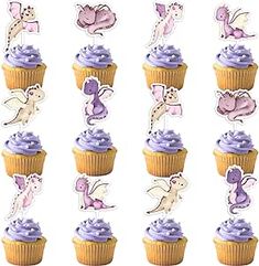 cupcakes with purple frosting and decorations on them are arranged in rows, including one