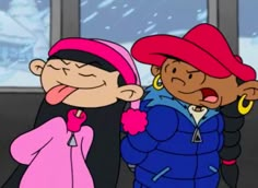 two cartoon characters standing next to each other in front of a window with snow falling on the ground