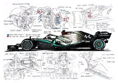 a drawing of a racing car with parts labeled