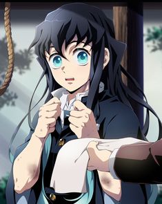 an anime character with long black hair and blue eyes is holding something in her hand