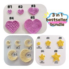 crochet patterns for baby's heart, star and moon decorations