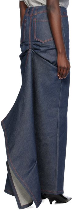 Non-stretch denim skirt. · Belt loops · Five-pocket styling · Zip-fly · Vent at front hem · Logo patch at back pocket · Ruching at back · Contrast stitching in orange Supplier color: Dark blue Meryll Rogge, Long A Line Skirt, October Fashion, Stretch Denim Skirt, Denim Baby, Denim Skirt Outfits, Wardrobe Classic, Denim Maxi, Upcycled Fashion