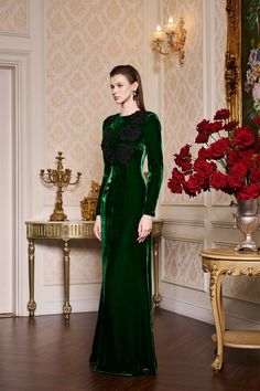 An elegant choice for formal events, this dress exudes grace and sophistication. The mermaid silhouette flatters the figure, while the long sleeves and rose-embellished details add a touch of romance. Make a statement with this luxurious velvet dress. *Note: The length is measured from the shoulder to the shortest of the front.Length: XS: 157cm, S: 159cm, M/L/XL: 160cm, XXL: 162cm Velvet Floor Length Dress, Mean Blvd, Floor Length Dress, Dresses Xxl, Mermaid Silhouette, Floor Length Dresses, Velvet Dress, Xl Dress, Designer Collection