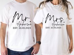 Custom Mr. And Mrs. Shirt,Comfort Colors®,Wifey Hubby Tees,Just Married Shirt,Wedding Anniversary Gift,Matching Couples Shirt,Honeymoon Gift ----- How To Order ----- 1-) Please, check and review all the photos. 2-) Choose your t-shirt size and color. 3-) Click add to cart. You can go back to add more shirts. 4-)Click "Proceed to check out". 5-)When you check out, you can add a note to seller for any request. ----- Features of Comfort Colors Tshirts ----- High-quality Comfort Colors T-shirt Comfortable unisex design 100% cotton Professional-grade print Relaxed fit (true to size) For a baggy fit, choose size up. Still check the size chart please. White t-shirt ➡ black design  Black t-shirt ➡ white design Ivory t-shirt ➡black design  Pepper t-shirt ➡ white design  Moss t-shirt ➡ white design Watermelon Tshirt, Honeymoon Gift, Mrs Shirt, Honeymoon Gifts, Anniversary Shirt, Denim T Shirt, Wedding Anniversary Gift