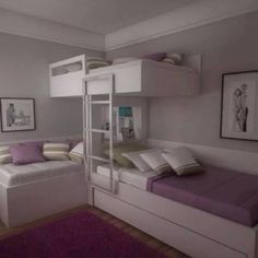 a bedroom with bunk beds and pictures on the wall