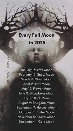 the poster for every full moon in 2055, featuring an image of a woman's face