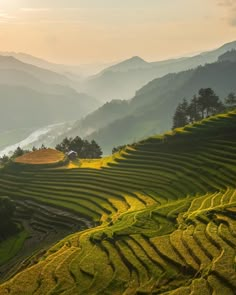 the sun is setting over an area with green rice terraces and mountains in the background