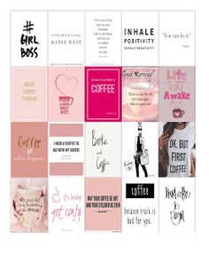 a collage of pink and black images with coffee related words on them, all in different font styles