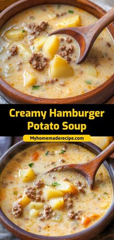 creamy hamburger potato soup in a wooden bowl