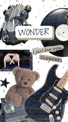 a collage of various items including a teddy bear and an electric guitar