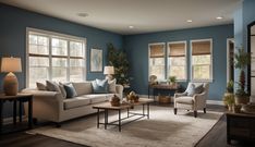 a living room with blue walls and white furniture in the center, along with two windows