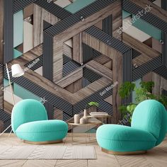 modern living room with blue chairs and wood wallpaper