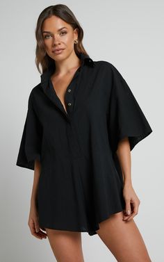 Get ready to turn heads in the Ankana Playsuit! This flirty and playful A-line playsuit features a button front design and short sleeves, perfect for those casual summer days. Made from soft and breathable cotton, this black playsuit is both comfortable and stylish. Whether you're heading out for brunch or a night on the town, this collar detail adds a touch of elegance to your outfit. Embrace your inner fashionista with the Ankana Playsuit - it's time to make a statement!Product Details:A-line Victorious Festival, Play Suit, Basic Black Dress, Neon Outfits, Spring Maxi Dress, Rompers Online, Black Playsuit, Sequin Rompers, Navy Bridesmaid Dresses