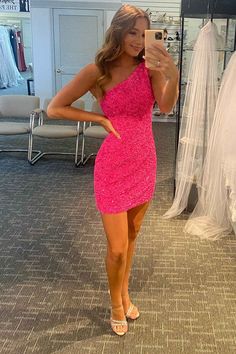 Pink Homecoming Dress Short, Hot Pink Homecoming, Hot Pink Homecoming Dress, One Shoulder Homecoming Dress, Homecoming Dress Short, Sequin Homecoming Dress, Professional Dress, Red Homecoming Dresses, Pink Homecoming Dress