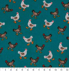 chickens and roosters on teal blue cotton fabric