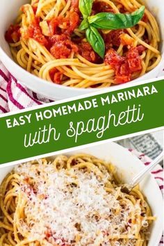 easy homemade marinara with spaghetti in a white bowl