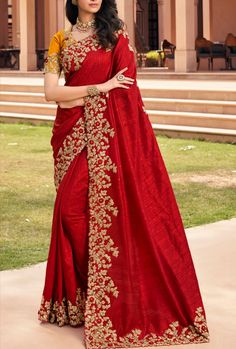 Designer party wear Silk Saree. Style with elegance and grace. Stitching Option - We will email you the measurement guide to confirm your size. FABRIC: Fancy Silk BLOUSE: Fancy Fabric COLOR: Red WORK: Embroidery SAREE FABRIC SIZE: 5.5 Meters BLOUSE FABRIC SIZE: 0.80 Meters Bonus offer - We will automatically add a free mystery gift with your order. The product will be shipped within 1 to 2 weeks from the date of purchase. Product is returnable if un-Stitched This product qualifies for free shipp Latest Indian Saree, Designer Sarees Collection, Indian Silk Sarees, Indian Sarees Online, Fancy Wedding, Wedding Saree Indian, Bridal Lehenga Choli, Art Silk Sarees, Embroidery Saree