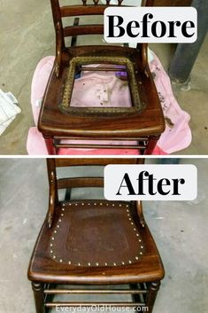 the before and after pictures of a wooden chair