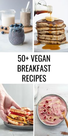 the top ten vegan breakfast recipes are shown in four different pictures, including pancakes and blueberries