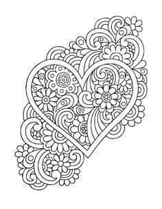 an intricate heart coloring page with flowers and hearts in the shape of a flower ornament