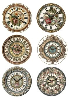 four clocks with different designs on the sides and numbers below each clock face, all in various colors