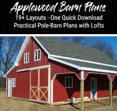 a red barn with the words applewood barn plans on it