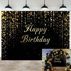 a black and gold birthday party backdrop with balloons, streamers and confetti