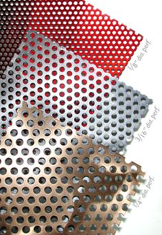 four different colors of perfored metal mesh on a white surface with red and silver dots