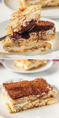 two different views of desserts on plates with one being cut in half and the other being eaten