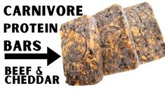 two pieces of food with the words carnivor protein bars above it and an arrow pointing to them