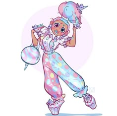 a drawing of a clown in pink and blue with polka dots on her pants, holding balloons