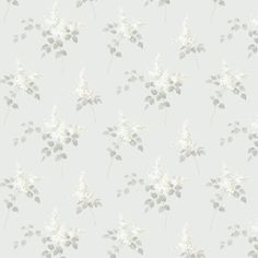 a wallpaper with white flowers and leaves on grey background, suitable for use in interior design