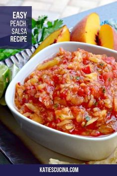 a white bowl filled with salsa next to sliced peaches