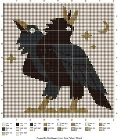 a cross stitch pattern with a black bird on it's back and gold accents