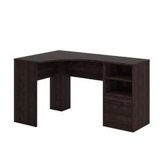 an l shaped desk with two drawers on one side and a shelf in the other