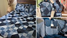 two pictures of the same bedspread, one is made with blue and black squares