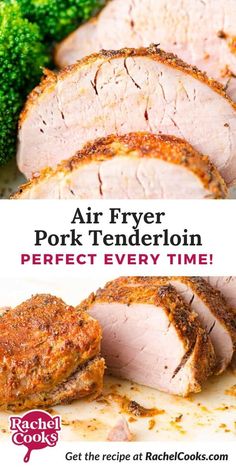 an advertisement for air fryer pork tenderies with broccoli in the background