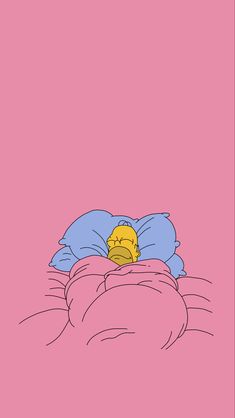 an image of a cartoon character sleeping on a bed with pink sheets and blue pillows