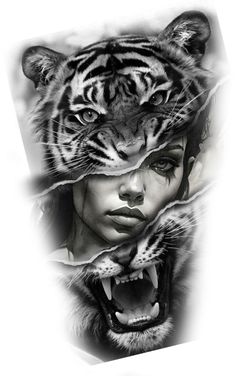 a woman with a tiger's head on top of her head, and the face of a tiger behind it