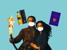 a man and woman wearing face masks while holding a fire wand, passport, and wine bottle