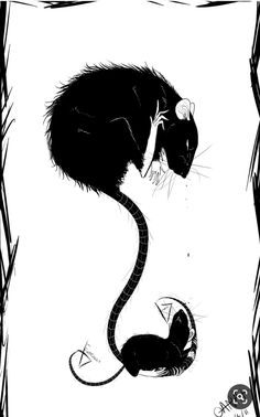 a black and white drawing of a rat with its head in the shape of a mouse