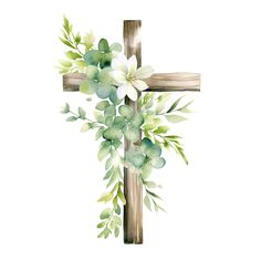 a cross with flowers on it and leaves around the cross, painted in watercolor